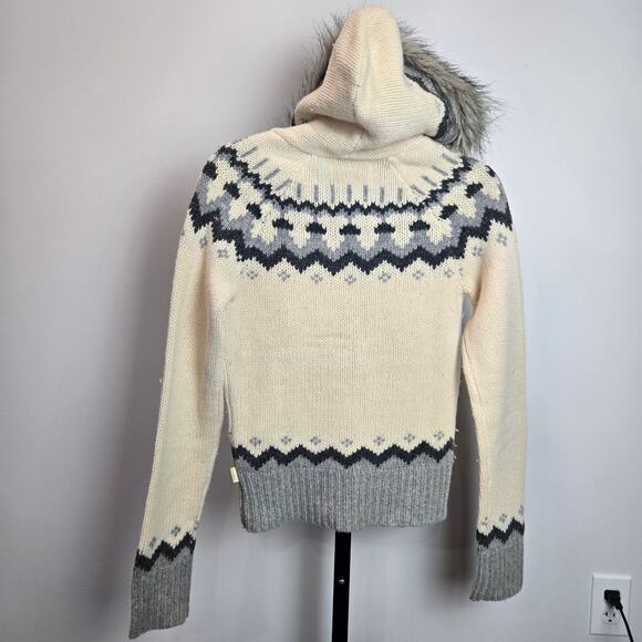 Vintage Hollister Y2K Wool Cashmere Sweater Fur Hood Fair Isle Preppy Medium - Picture 6 of 9